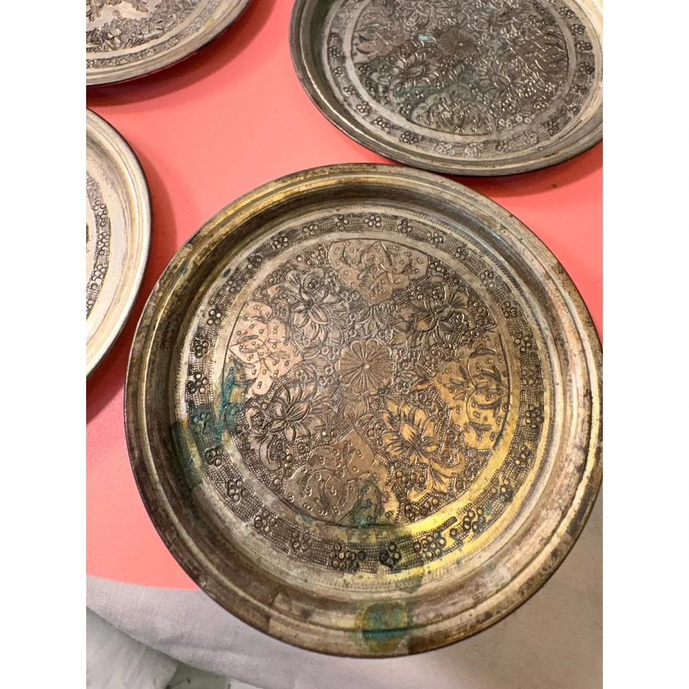 Vintage Etched Metal Coasters Trinket Dishes Set of 4 Floral Mandala Patina